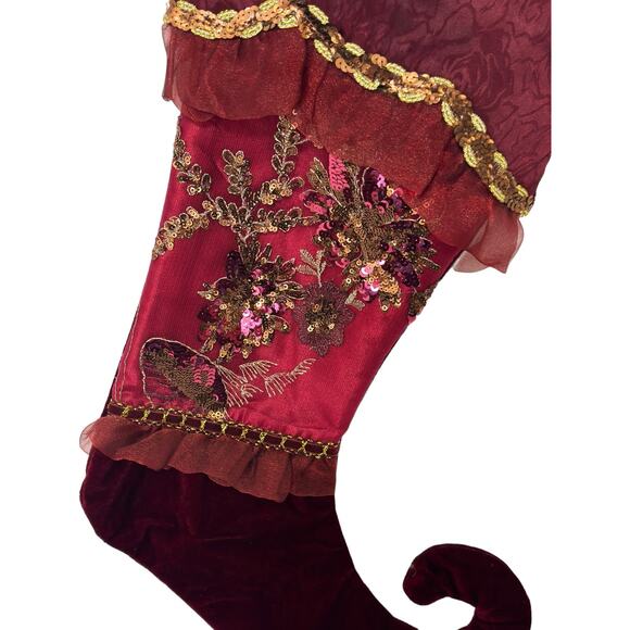Christmas Holiday Stocking Victorian Inspired Satin Velvet Sequined Floral - Picture 2 of 9